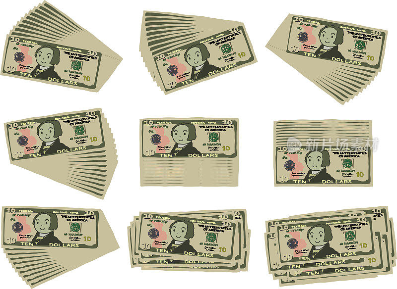 Bunch of Cute hand-painted 10 US dollar banknote set